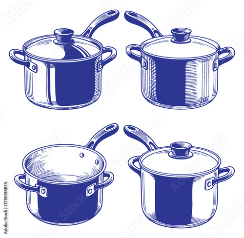 Vector illustration of four different detailed engraved cooking pots with lids and handles