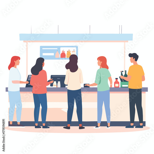 Customers queueing at a store counter, making purchases and interacting with a cashier.