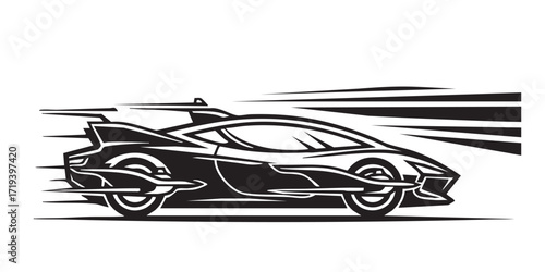 Minimal black and white flying car icon with wings and motion lines, perfect for future transport, mobility, and innovation concepts.
