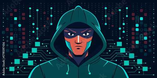 Mysterious hooded figure with a mask against a dark digital background with circuit board elements