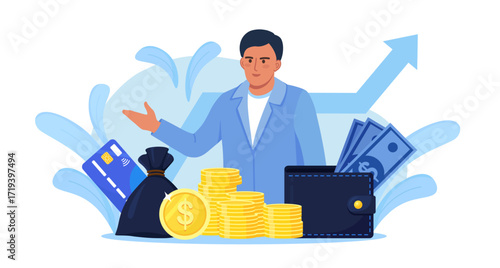 Businessman with Heap of Cash, Money Bag and Wallet. Financial Consultant, Banker Offering Loan. Successful Investor or Entrepreneur Getting Income. Financial Consulting, Investment, Savings, Profit