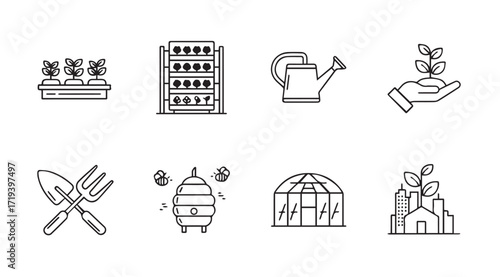 Collection of garden and farming icons in a sketchy silhouette style