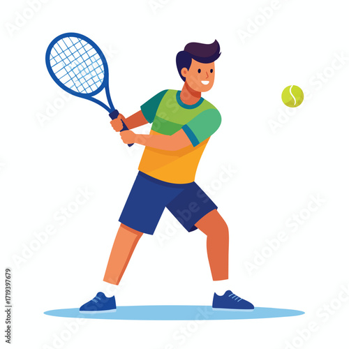 A cartoon illustration of a male tennis player hitting a yellow ball with a racket.