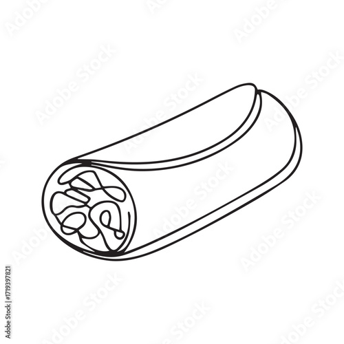 Continuous Simple black line art drawing of a burrito in a minimalist style on a white background.