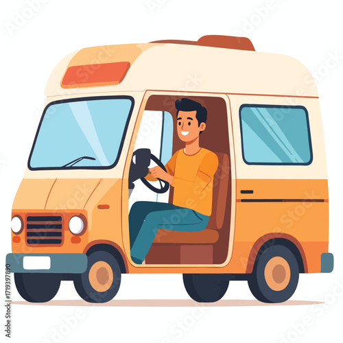 A smiling man driving a yellow and white camper van, holding the steering wheel and looking forward.