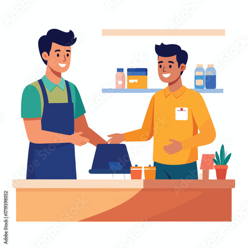 A shopkeeper assists a customer at the counter, smiling and offering assistance in a bright, cheerful store setting.