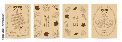 Hello autumn vintage poster set. Retro frame with bow, ribbon. Collection of templates with falling leaves. Grainy photocopy effect for flyer, banner, social media, card. Fall vibes text on cardboard
