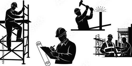 Silhouettes of construction workers on scaffolding, hammering steel, inspecting plans, teamwork and supervision at building site illustration.