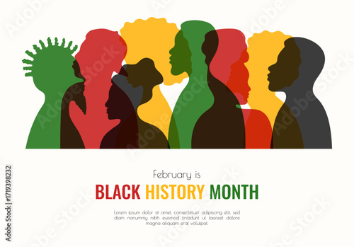 February is Black History Month. Banner template. Juneteenth Freedom Day banner template with people silhouette. Red green yellow men and women profile.