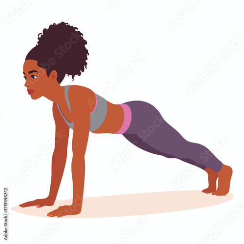 Illustration of a dark-skinned woman doing a plank exercise, wearing athletic clothing, isolated on white.