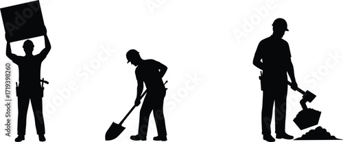 Silhouettes of Construction Workers Lifting and Shoveling Dirt – Industrial Labor Vector Icons