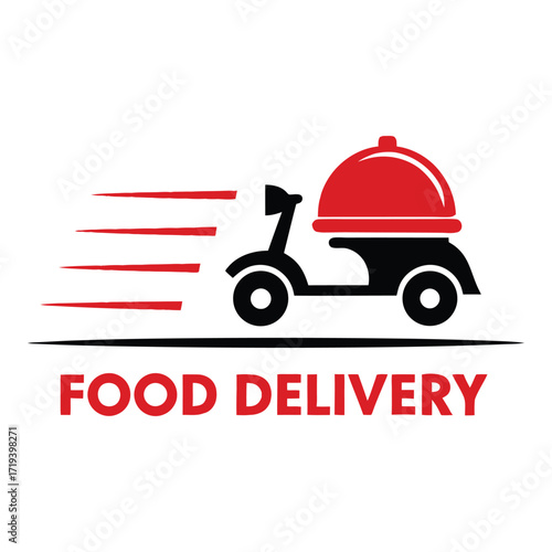 Fast food delivery scooter icon with motion lines and text for online ordering