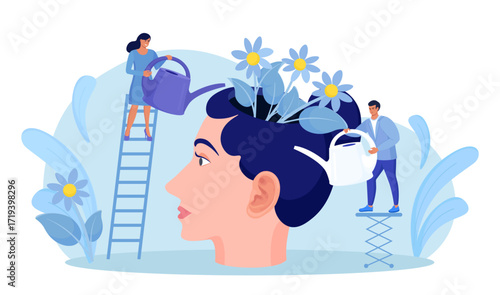 Mental health. Tiny people watering human head with flowers inside. Characters healing mind, soul for happy lifestyle. Psychology. Positive thinking, self care. Wellbeing, acceptance, blooming brain