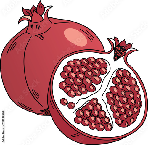 Freshly cut ripe pomegranate fruit with juicy red seeds and leaves on a white background