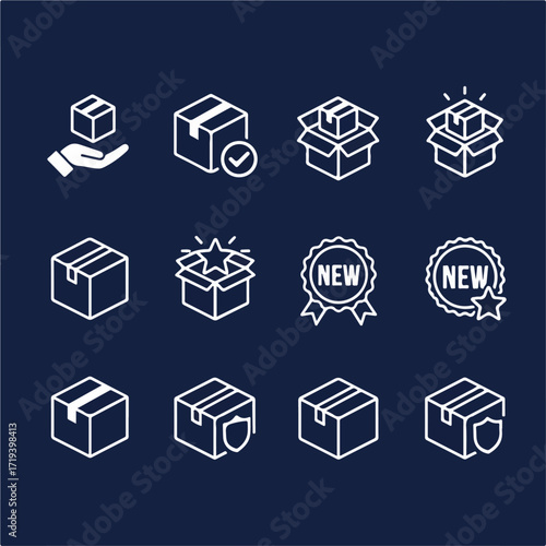 New product flat icon set. Containing package, parcel, packet, gift, delivery cardboard box, recommendation, top seller, open shipping box or unboxing, carton boxes, brand. Vector illustration