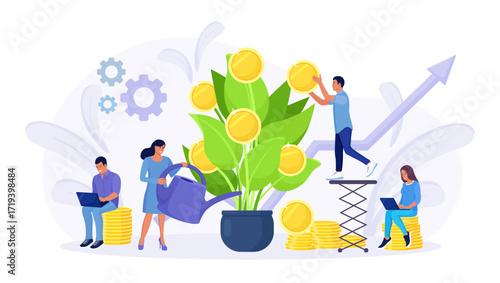 Woman watering money tree. Business people characters picking cash from money plants. Growing and making profit. Revenue and income metaphor. Financial growth, successful investment