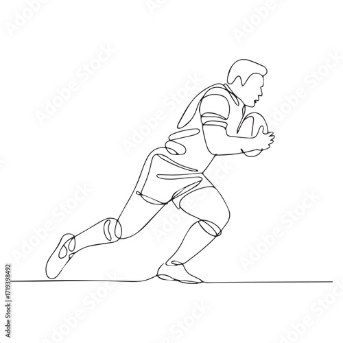 Continuous Simple black line art drawing of a Rugby Player in a minimalist style on a white background.