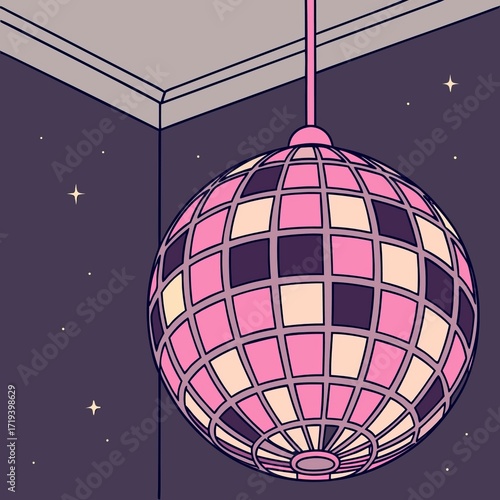 Bright disco club ball. Illustration in cartoon retro groovy style