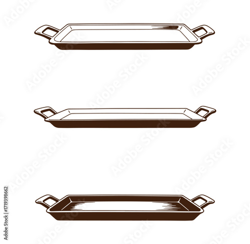 Vector illustration of three rectangular trays with handles suitable for restaurant designs