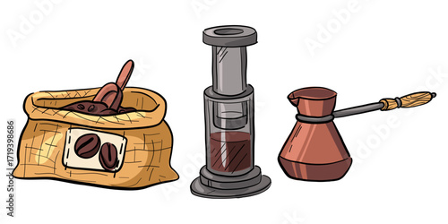 A set of items for making coffee. A color illustration of isolated items. A cloth bag with coffee beans, an Aeropress, and a coffee pot for cooking on a stovetop. A hot, invigorating coffee drink