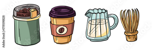 Set of items for making coffee. Color illustration of isolated items. Electric coffee grinder, Kraft paper cup closed, Milk in a glass coffee jug, Bamboo whisk. Hot, invigorating coffee drink