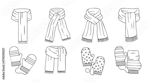 Collection of scarves and mittens illustrated in a distinctive silhouette style
