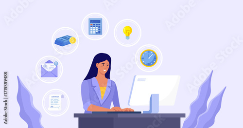 Business woman sitting at her computer in office and doing many tasks at the same time. Freelance worker. Multitasking skills, effective time management and productivity concept