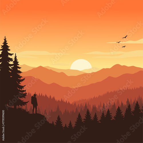 Captivating mountain sunset view with a lone hiker enjoying the panoramic scene of peaks and dense forests under a warm, serene sky