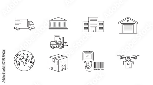 Collection of logistics and delivery icons in a hand drawn silhouette style