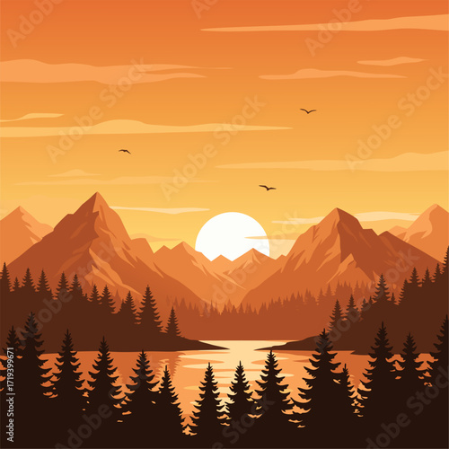 Vibrant Mountain Lake Sunset with Evergreen Forest and Dramatic Peaks Bathed in Golden Hour Light
