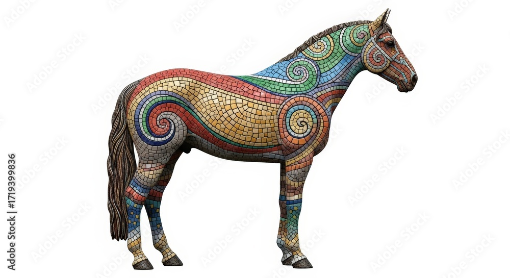 Fototapeta premium A beautifully decorated horse sculpture adorned with colorful mosaic patterns and swirling designs.