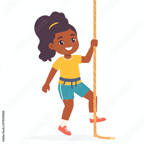 A young girl with a harness is climbing a rope, smiling with determination.