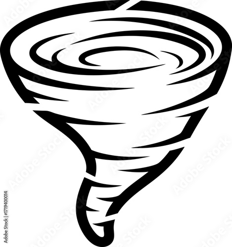 Dynamic black silhouette illustration of a tornado swirl, symbolizing storm, hurricane, and natural disaster. Suitable for weather, climate, and abstract design projects.