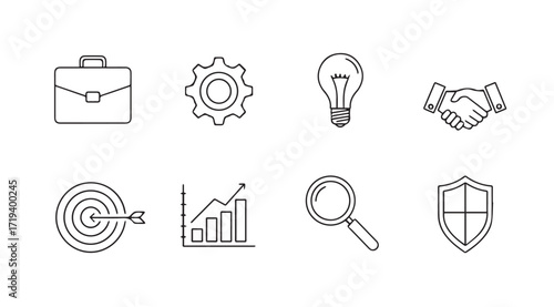Collection of business and strategy icons in a sketchy silhouette style