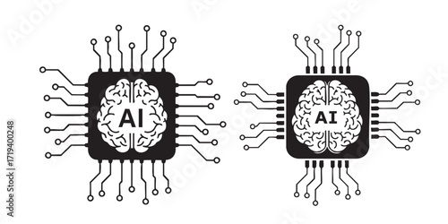 Minimal black and white AI brain chip icon with circuit lines, perfect for artificial intelligence, machine learning, and futuristic computing.
