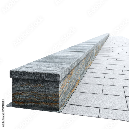 Textured Stone Bench on Paved Pathway Surrounded by Natural Elements in a Park Setting