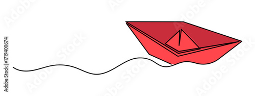 Paper boat origami one line art, hand-drawn ship sailing on wavy water river continuous contour. Trendy sea yacht sailboat travel journey trip outline minimalist linear symbol. Editable stroke. Vector