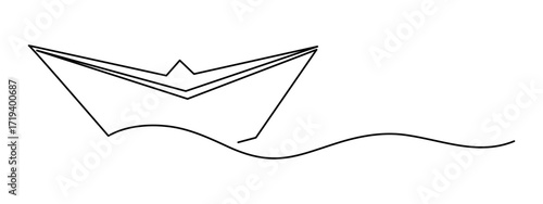 Paper boat origami one line art, hand-drawn ship sailing on wavy water river continuous contour. Trendy sea yacht sailboat travel journey trip outline minimalist linear symbol. Editable stroke. Vector