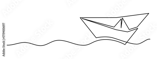 Paper boat origami one line art, hand-drawn ship sailing on wavy water river continuous contour. Trendy sea yacht sailboat travel journey trip outline minimalist linear symbol. Editable stroke. Vector