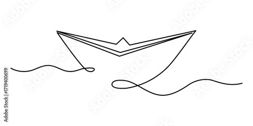 Paper boat origami one line art, hand-drawn ship sailing on wavy water river continuous contour. Trendy sea yacht sailboat travel journey trip outline minimalist linear symbol. Editable stroke. Vector