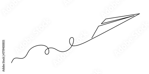 Paper plane origami one line art, hand-drawn airplane flying in air up continuous contour. Trendy aeroplane travel journey trip vacation outline minimalist linear symbol. Editable stroke
