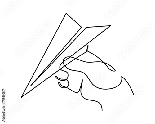 Hand launches paper plane up origami one line art, hand-drawn palp throwing airplane flying in air continuous contour. Trendy aeroplane travel journey trip vacation outline linear symbol. Editable