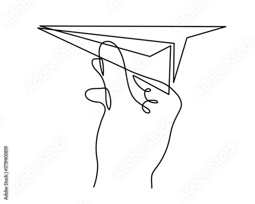 Hand launches paper plane up origami one line art, hand-drawn palp throwing airplane flying in air continuous contour. Trendy aeroplane travel journey trip vacation outline linear symbol. Editable
