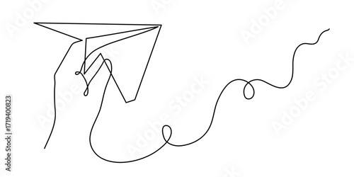 Hand launches paper plane up origami one line art, hand-drawn palp throwing airplane flying in air continuous contour. Trendy aeroplane travel journey trip vacation outline linear symbol. Editable
