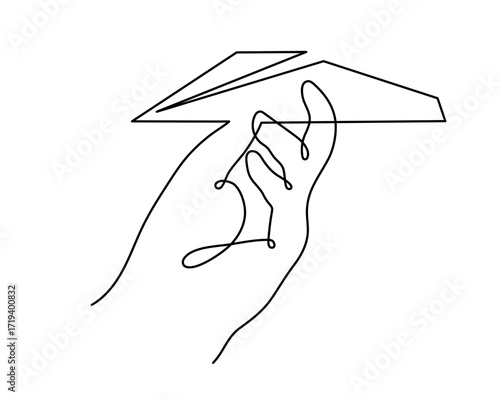 Hand launches paper plane up origami one line art, hand-drawn palp throwing airplane flying in air continuous contour. Trendy aeroplane travel journey trip vacation outline linear symbol. Editable