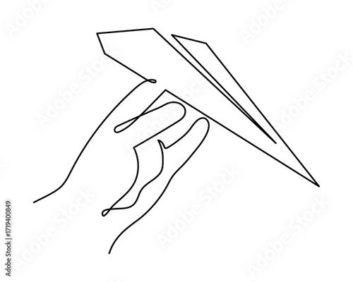 Hand launches paper plane up origami one line art, hand-drawn palp throwing airplane flying in air continuous contour. Trendy aeroplane travel journey trip vacation outline linear symbol. Editable