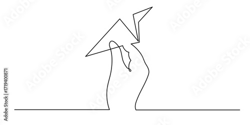 Hand launches paper plane up origami one line art, hand-drawn palp throwing airplane flying in air continuous contour. Trendy aeroplane travel journey trip vacation outline linear symbol. Editable