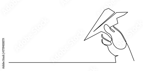 Hand launches paper plane up origami one line art, hand-drawn palp throwing airplane flying in air continuous contour. Trendy aeroplane travel journey trip vacation outline linear symbol. Editable