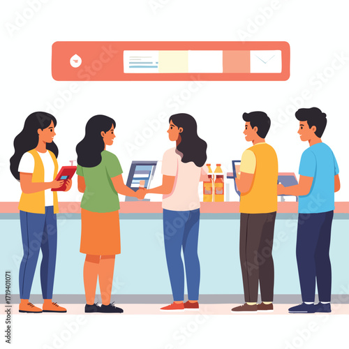 Customers queueing at a counter, making purchases using tablets and interacting with staff.