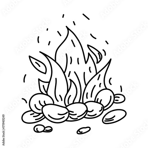 The fire is surrounded by stones. The flames are warming at night in the desert. Cooking outdoors, heating. The fire is framed by stones. Handmade item. Engraving, graphics, shading. American Indians